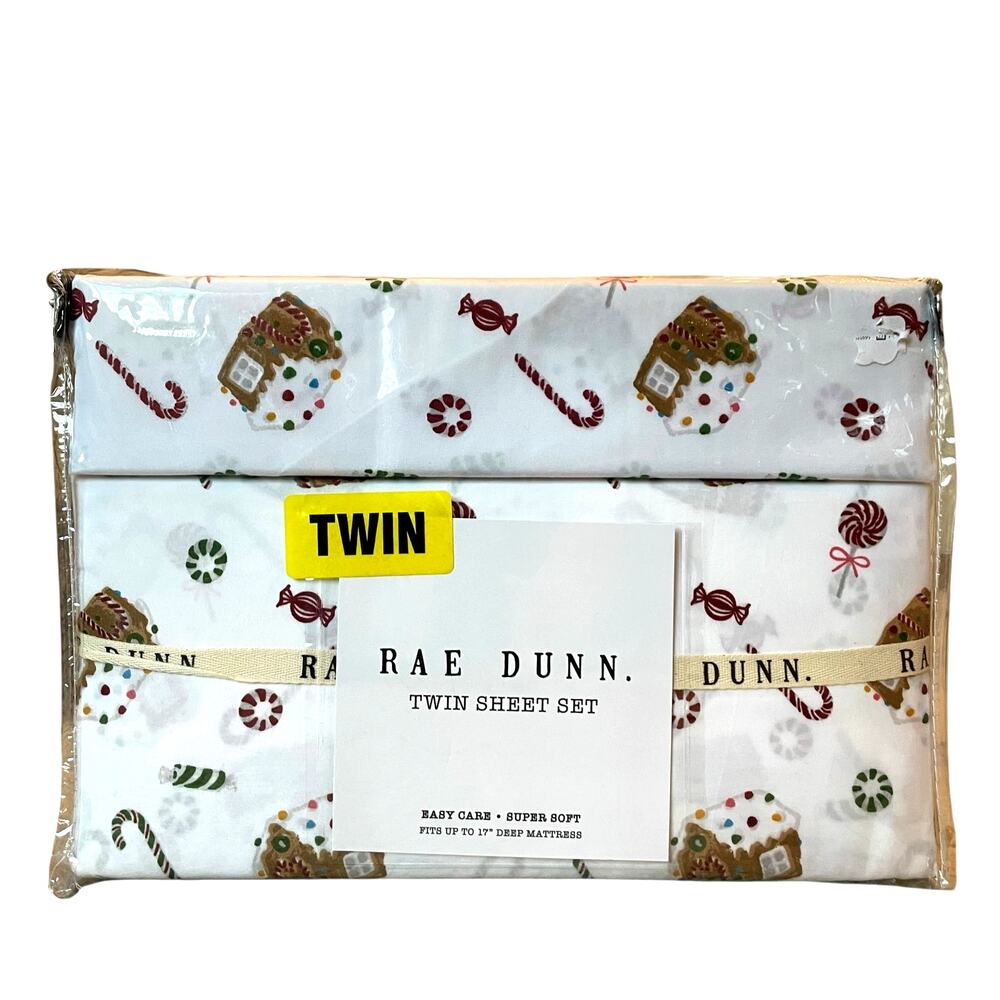 Rae Dunn Christmas TWIN Sheet Set Gingerbread House Candy Cane Candy Land NEW